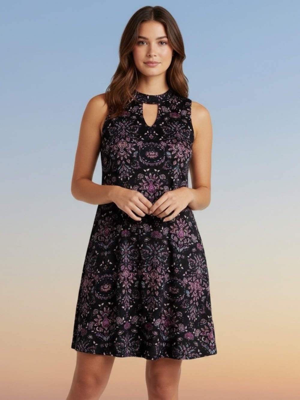 Mudd purple orange floral mini Dress high neck size XL spandex front back cutout